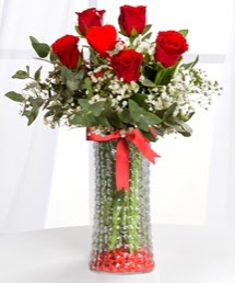 Cam vazoda 5 adet kırmızı gül kalp çubuk  İstanbul Taksim çiçek gönderme 