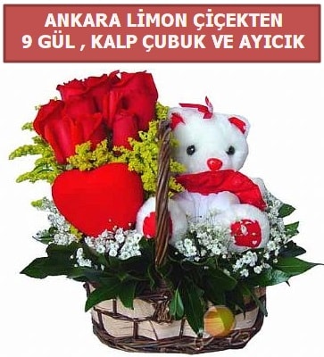 Kalp çubuk sepette 9 gül ve ayıcık  İstanbul Taksim İnternetten çiçek siparişi 